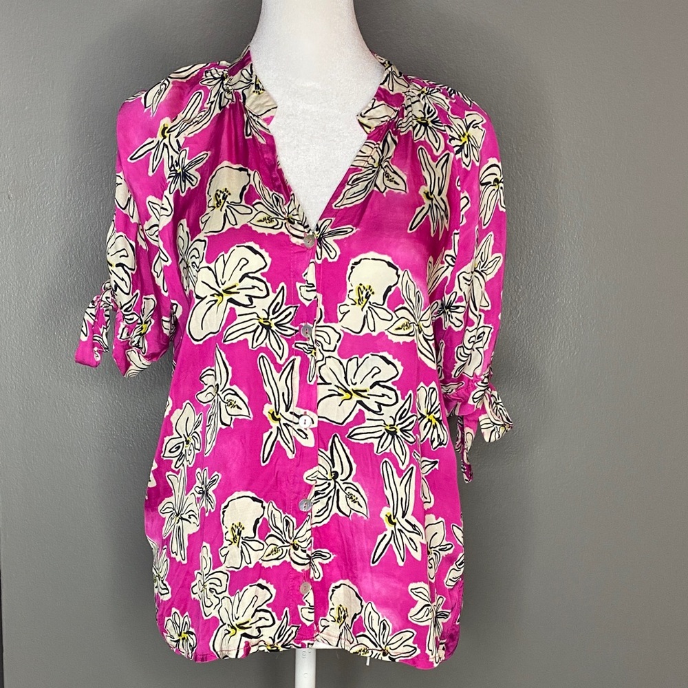 NWOT! FRNCH Reina Viola Hot Pink Floral Button Down Blouse Made in Italy - XS